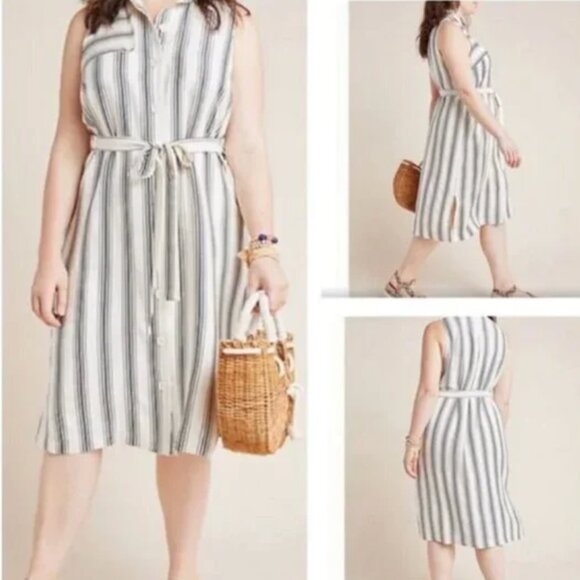 Maeve by Anthropologie Esther Ivory and White Stripe Belted Midi Shirt Dress - Picture 1 of 15